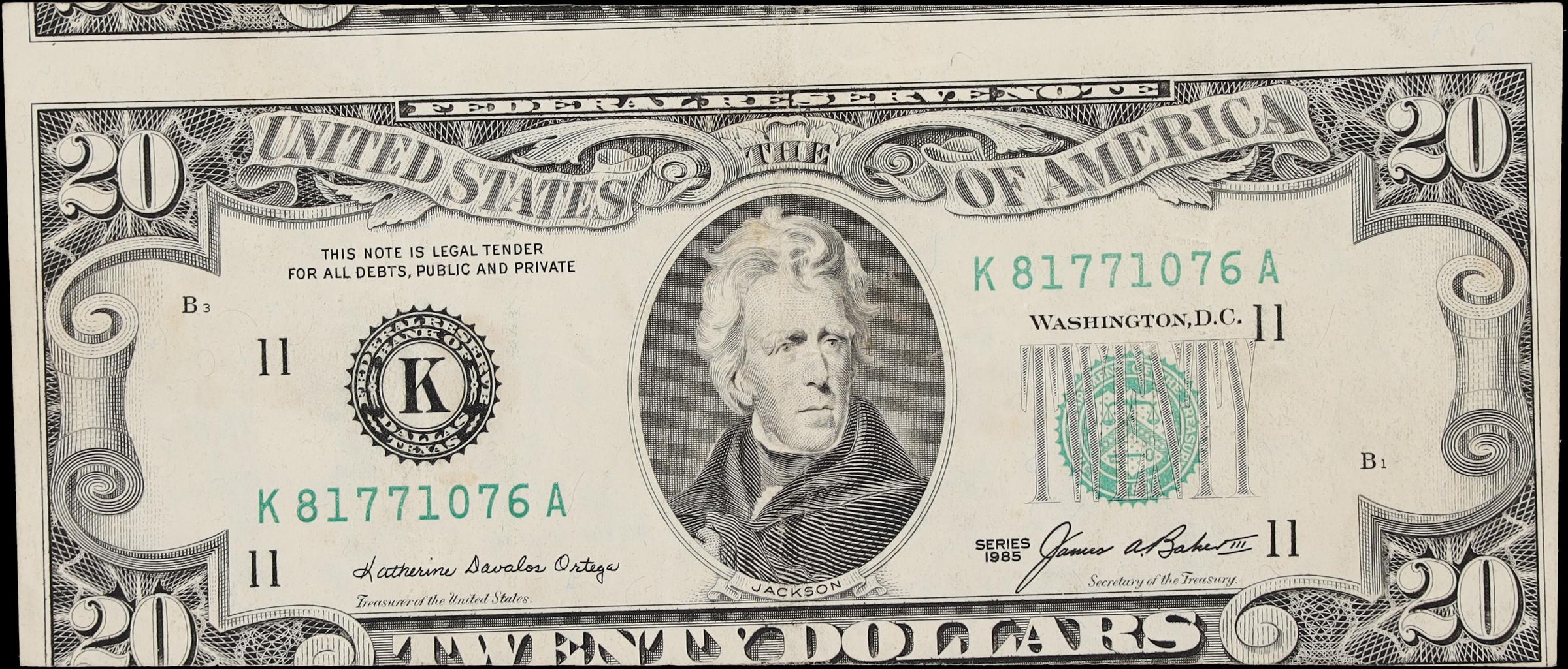 image for: Fr. 2075-K. 1985 $20 Federal Reserve Note. Dallas. Very Fine to Extremely Fine. Cutting Error.