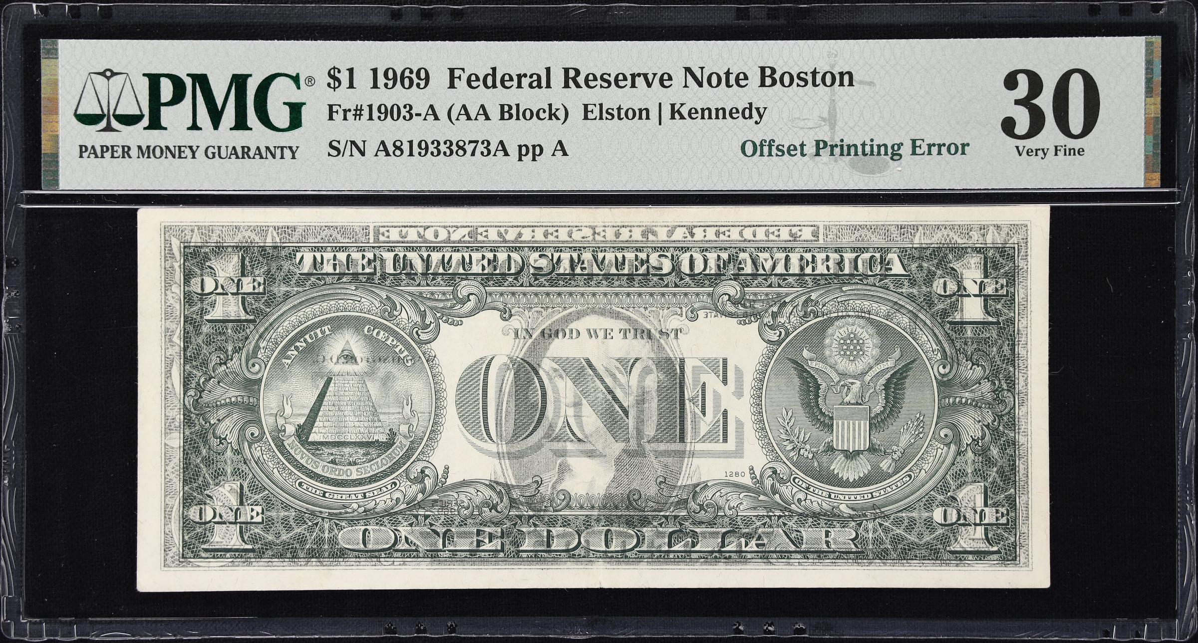 image for: Fr. 1903-A. 1969 $1 Federal Reserve Note. Boston. PMG Very Fine 30. Offset Printing Error.