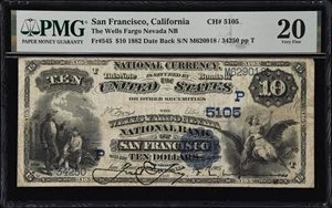 image for: San Francisco, California. $10 1882 Date Back. Fr. 545. Wells Fargo Nevada NB. Charter #5105. PMG Very Fine 20.