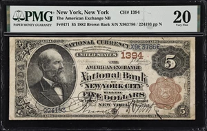 image for: New York, New York. 1882 Brown Back $5 Fr. 471. American Exchange NB. Charter #1394. PMG Very Fine 20.