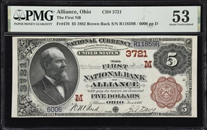 image for: Alliance, Ohio. $5 1882 Brown Back. Fr. 470. First NB. Charter #3721. PMG About Uncirculated 53.