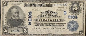 image for: Memphis, Tennessee. $5 1902 Plain Back. Fr. 600. National City Bank. Charter #9184. Fine.