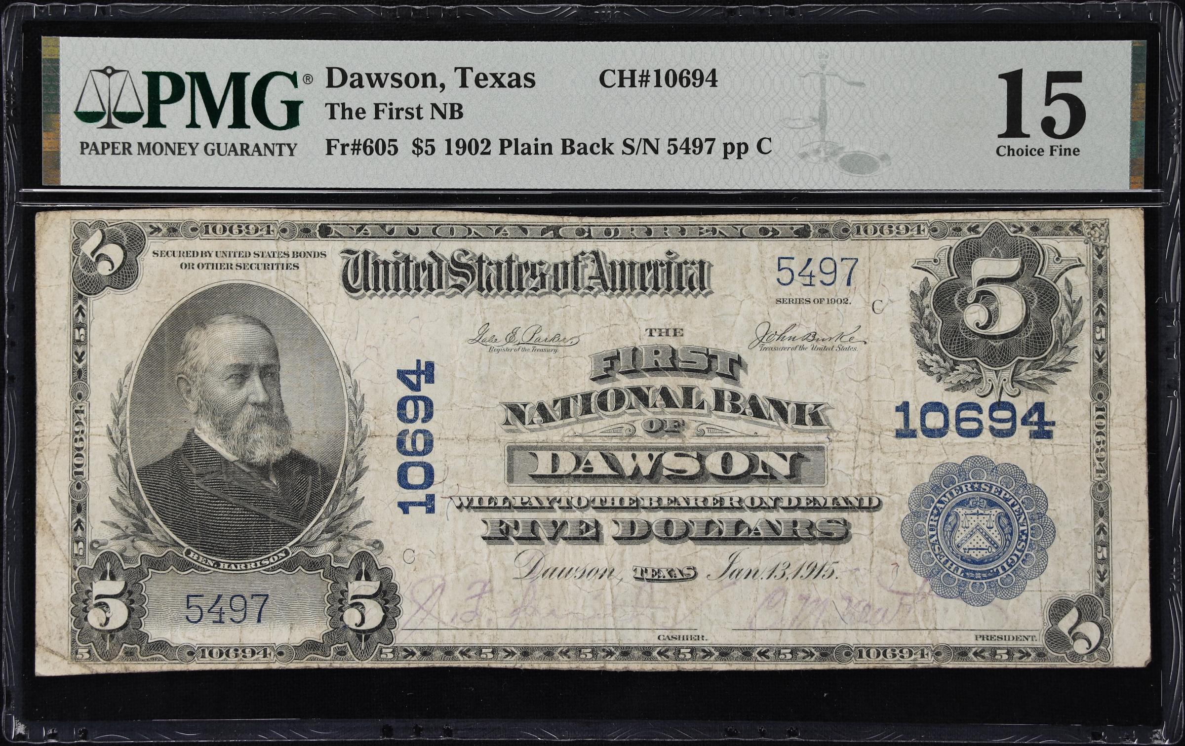 image for: Dawson, Texas. $5 1902 Plain Back. Fr. 605. First NB. Charter #10694. PMG Choice Fine 15.