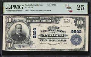 image for: Antioch, California. $10 1902 Plain Back. Fr. 627. First NB. Charter #9892. PMG Very Fine 25.