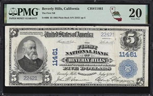 image for: Beverly Hills, California. $5 1902 Plain Back. Fr. 606. First NB. Charter #11461. PMG Very Fine 20.