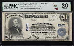 image for: Los Angeles, California. $20 1902 Plain Back. Fr. 659. Los Angeles-First National Trust & Savings Bank. Charter #2491. PMG Very Fine 20.