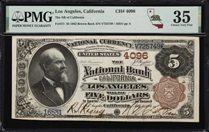 image for: Los Angeles, California. $5 1882 Brown Back. Fr. 471. NB of California. Charter #4096. PMG Choice Very Fine 35.