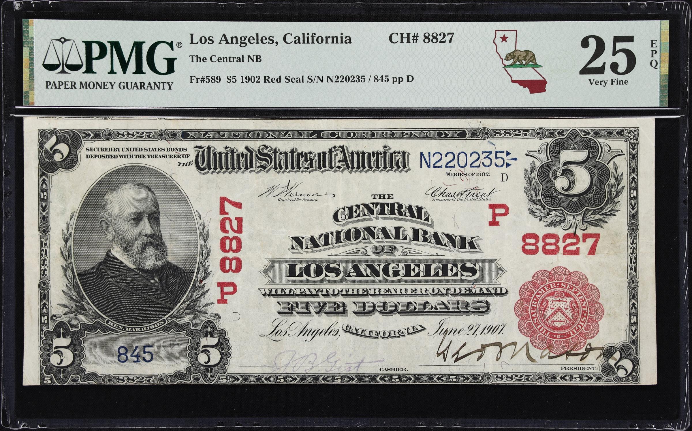 image for: Los Angeles, California. $5 1902 Red Seal. Fr. 589. Central NB. Charter #8827. PMG Very Fine 25 EPQ.