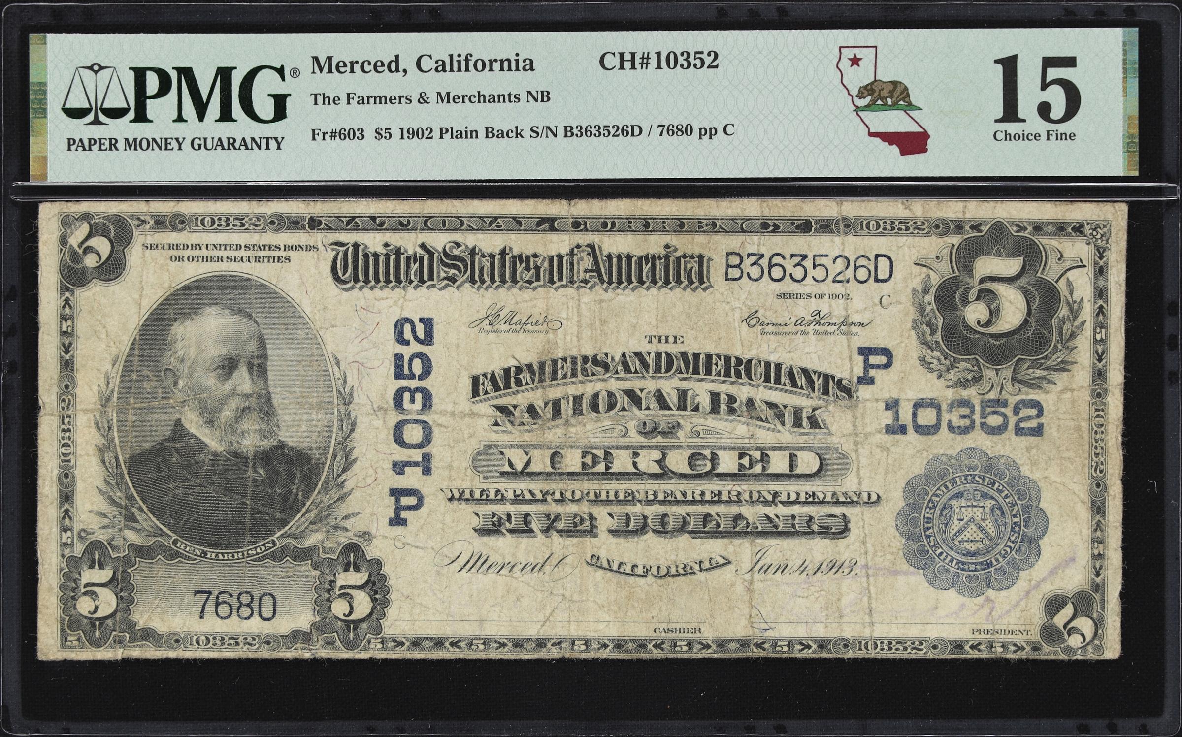 image for: Merced, California. $5 1902 Plain Back. Fr. 603. Farmers & Merchants NB. Charter #10352. PMG Choice Fine 15.