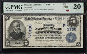 image for: Modesto, California. $5 1902 Date Back. Fr. 590. First NB. Charter #3136. PMG Very Fine 20.