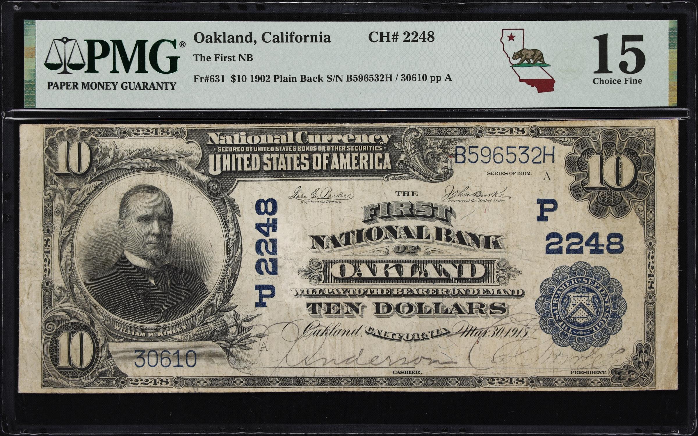 image for: Oakland, California. $10 1902 Plain Back. Fr. 631. First NB. Charter #2248. PMG Choice Fine 15.