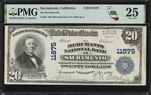 image for: Sacramento, California. $20 1902 Plain Back. Fr. 659. Merchants NB. Charter #11875. PMG Very Fine 25.