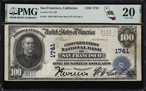 image for: San Francisco, California. $100 1902 Plain Back. Fr. 701. Crocker First NB. Charter #1741. PMG Very Fine 20. Radar Serial Number.