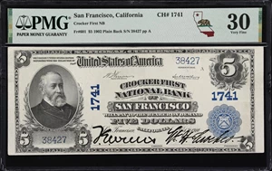 image for: San Francisco, California. $5 1902 Plain Back. Fr. 601. Crocker First NB. Charter #1741. PMG Very Fine 30.