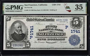 image for: San Francisco, California. $5 1902 Date Back. Fr. 593. First NB. Charter #1741. PMG Choice Very Fine 35.