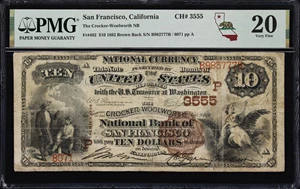 image for: San Francisco, California. $10 1882 Brown Back. Fr. 482. Crocker-Woolworth NB. Charter #3555. PMG Very Fine 20.