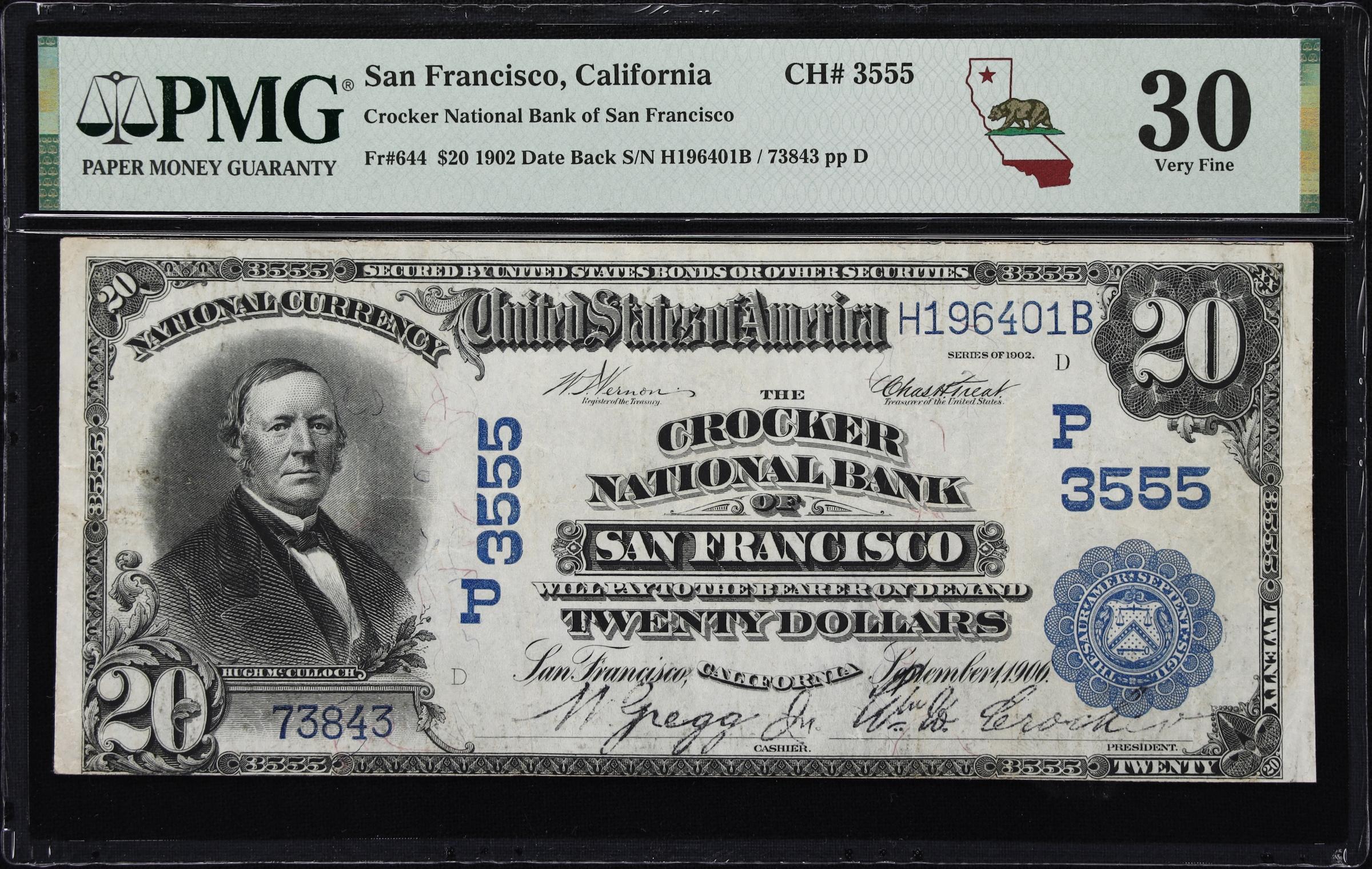 image for: San Francisco, California. $20 1902 Date Back. Fr. 644. Crocker NB. Charter #3555. PMG Very Fine 30.