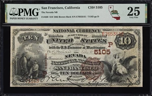 image for: San Francisco, California. $10 1882 Brown Back. Fr. 489. Nevada NB. Charter #5105. PMG Very Fine 25.