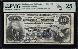 image for: San Francisco, California. $10 1882 Value Back. Fr. 577. Wells Fargo Nevada NB. Charter #5105. PMG Very Fine 25.