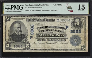 image for: San Francisco, California. $5 1902 Date Back. Fr. 593. Western Metropolis NB. Charter #9882. PMG Choice Fine 15.