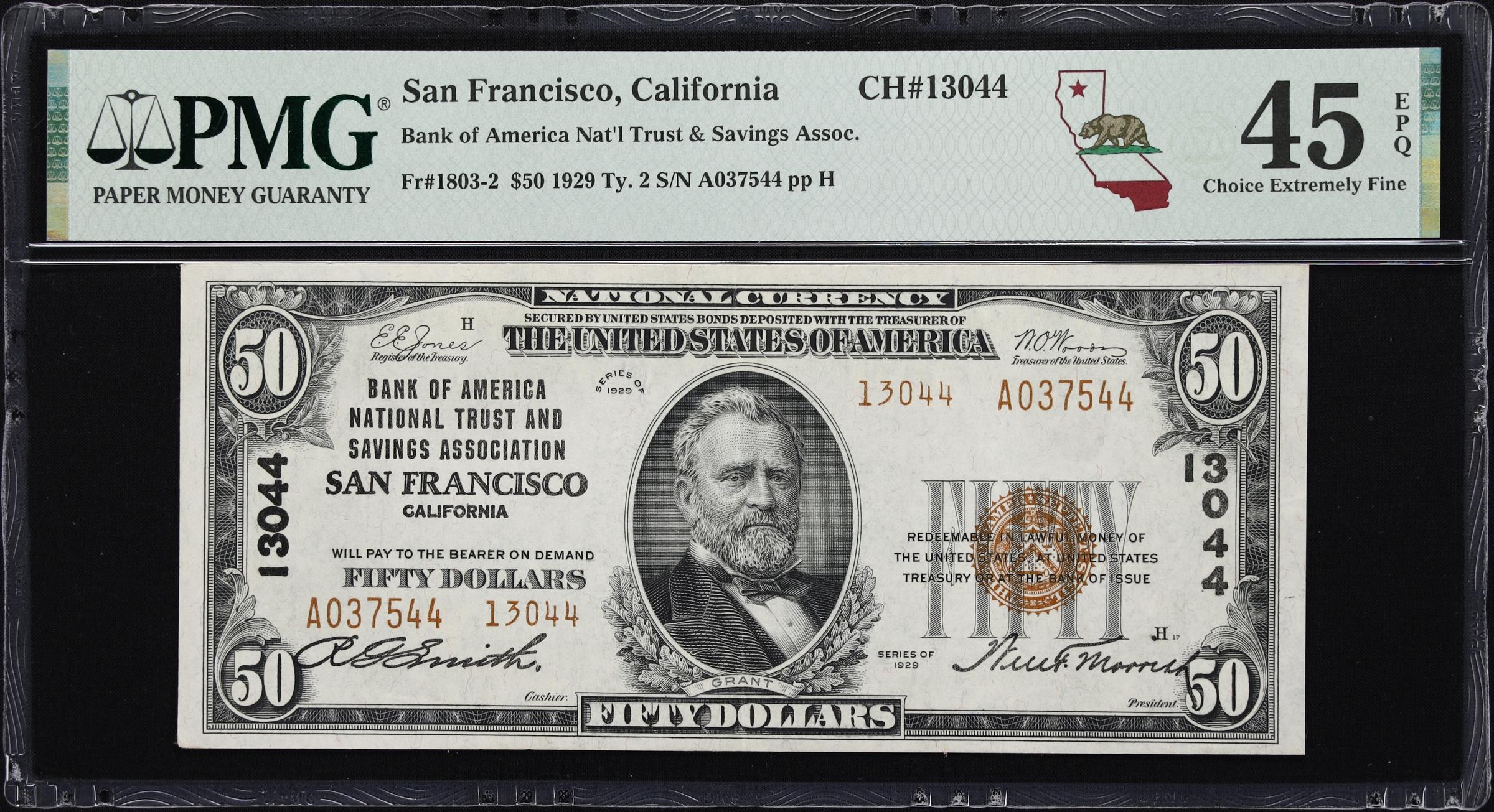 image for: San Francisco, California. $50 1929 Ty. 2. Fr. 1803-2. Bank of America National Trust & Savings Association. Charter #13044. PMG Choice Extremely Fine 45 EPQ.