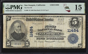 image for: San Joaquin, California. $5 1902 Plain Back. Fr. 606. First NB. Charter #11484. PMG Choice Fine 15.