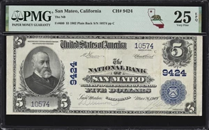 image for: San Mateo, California. $5 1902 Plain Back. Fr. 600. NB. Charter #9424. PMG Very Fine 25 EPQ.