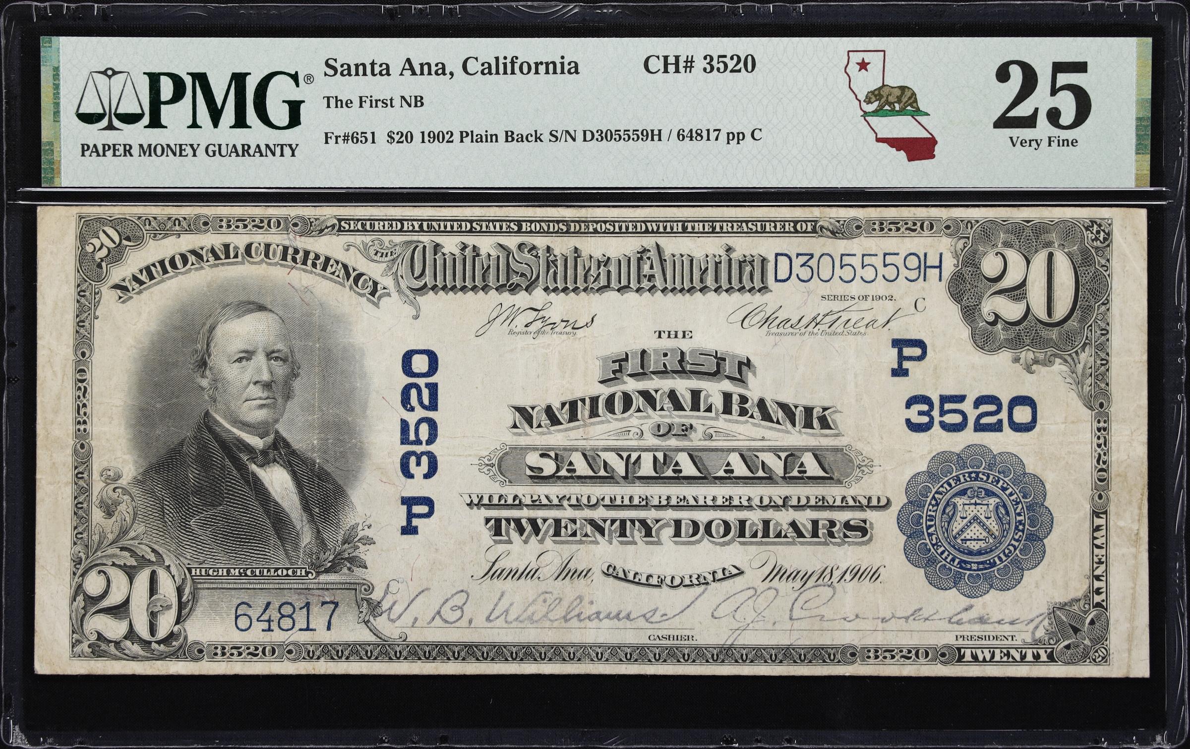 image for: Santa Ana, California. $20 1902 Plain Back. Fr. 651. First NB. Charter #3520. PMG Very Fine 25.