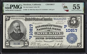 image for: Stockton, California. $5 1902 Plain Back. Fr. 606. San Joaquin Valley NB. Charter #10817. PMG About Uncirculated 55.