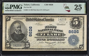 image for: Tulare, California. $5 1902 Plain Back. Fr. 600. First NB. Charter #8626. PMG Very Fine 25.