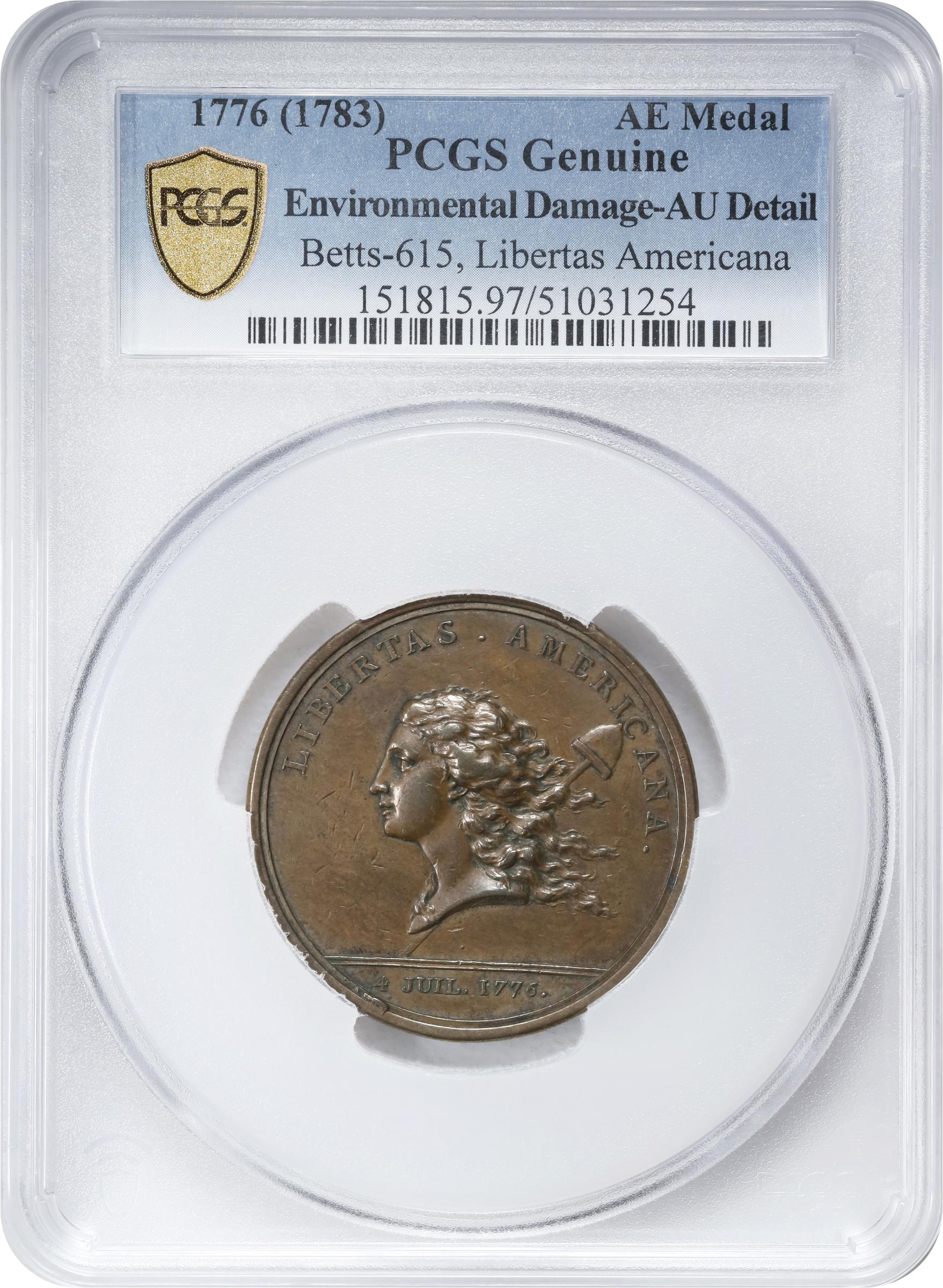 image for: "1781" (1783) Libertas Americana Medal. Original. Paris Mint. Betts-615, Adams-Bentley 15. Bronze. AU Details--Environmental Damage (PCGS).