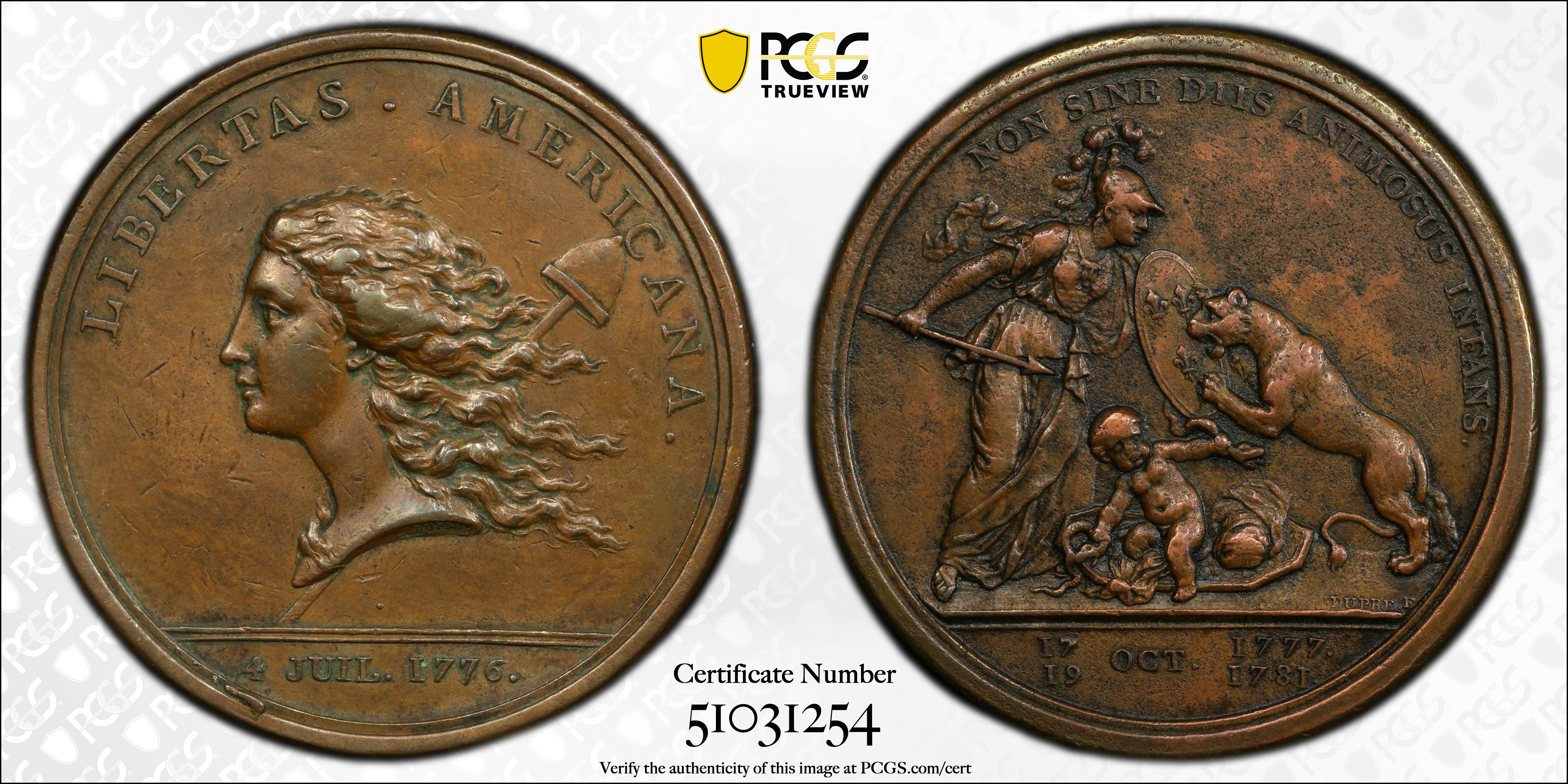 image for: "1781" (1783) Libertas Americana Medal. Original. Paris Mint. Betts-615, Adams-Bentley 15. Bronze. AU Details--Environmental Damage (PCGS).