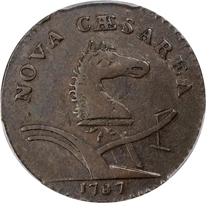 image for: 1787 New Jersey Copper. Maris 63-s, W-5375. Rarity-2. Sprig Above Plow, Bottom Stars Distant. Large Planchet. VF-35 (PCGS).