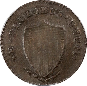 image for: 1787 New Jersey Copper. Maris 63-s, W-5375. Rarity-2. Sprig Above Plow, Bottom Stars Distant. Large Planchet. VF-35 (PCGS).