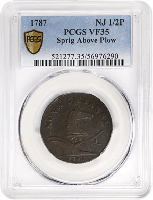 image for: 1787 New Jersey Copper. Maris 63-s, W-5375. Rarity-2. Sprig Above Plow, Bottom Stars Distant. Large Planchet. VF-35 (PCGS).
