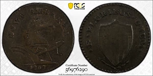 image for: 1787 New Jersey Copper. Maris 63-s, W-5375. Rarity-2. Sprig Above Plow, Bottom Stars Distant. Large Planchet. VF-35 (PCGS).
