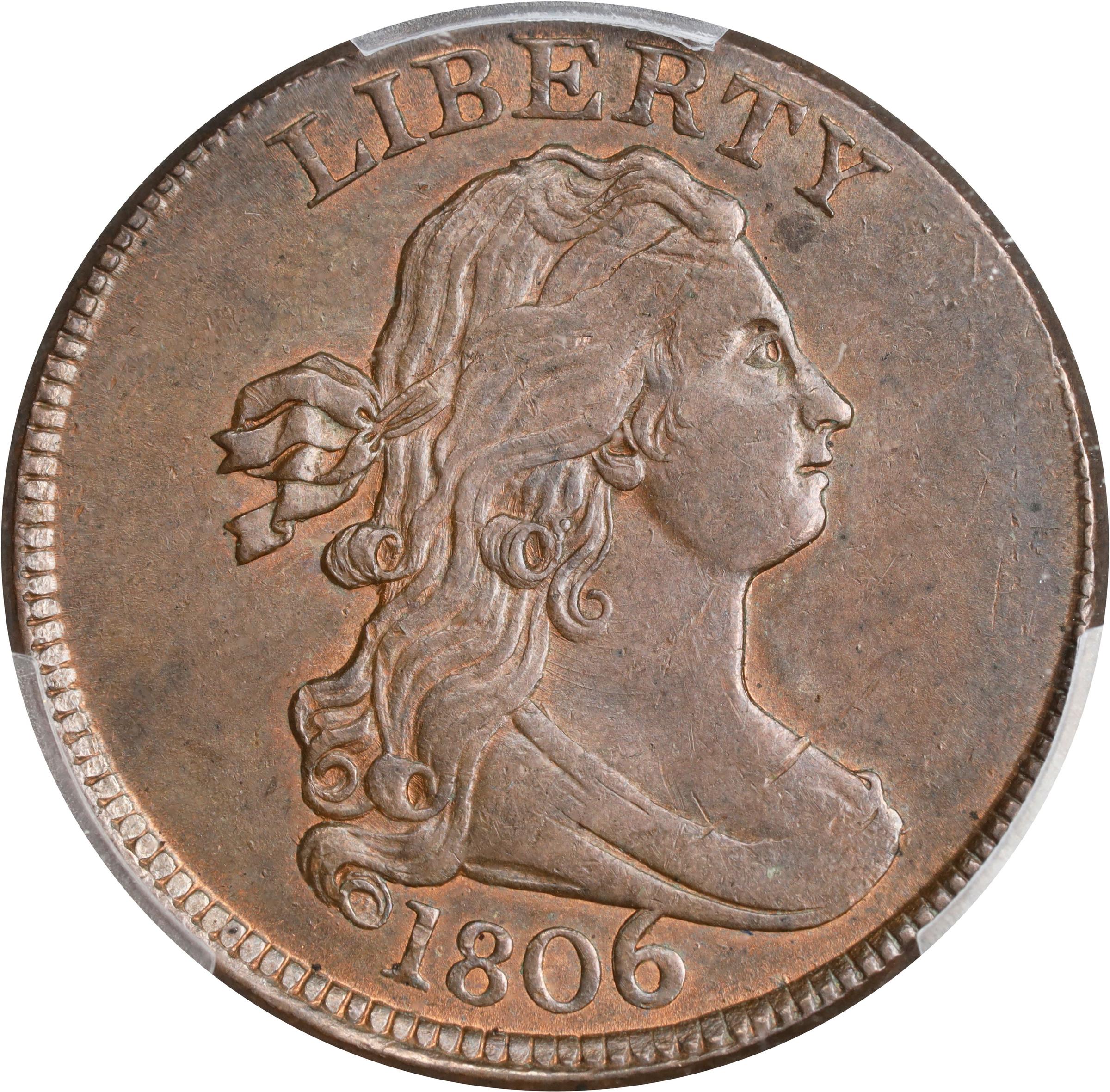 1806 Draped Bust Half Cent. C-4. Rarity-1. Large 6, Stems to Wreath. MS-62 BN (PCGS). CAC.