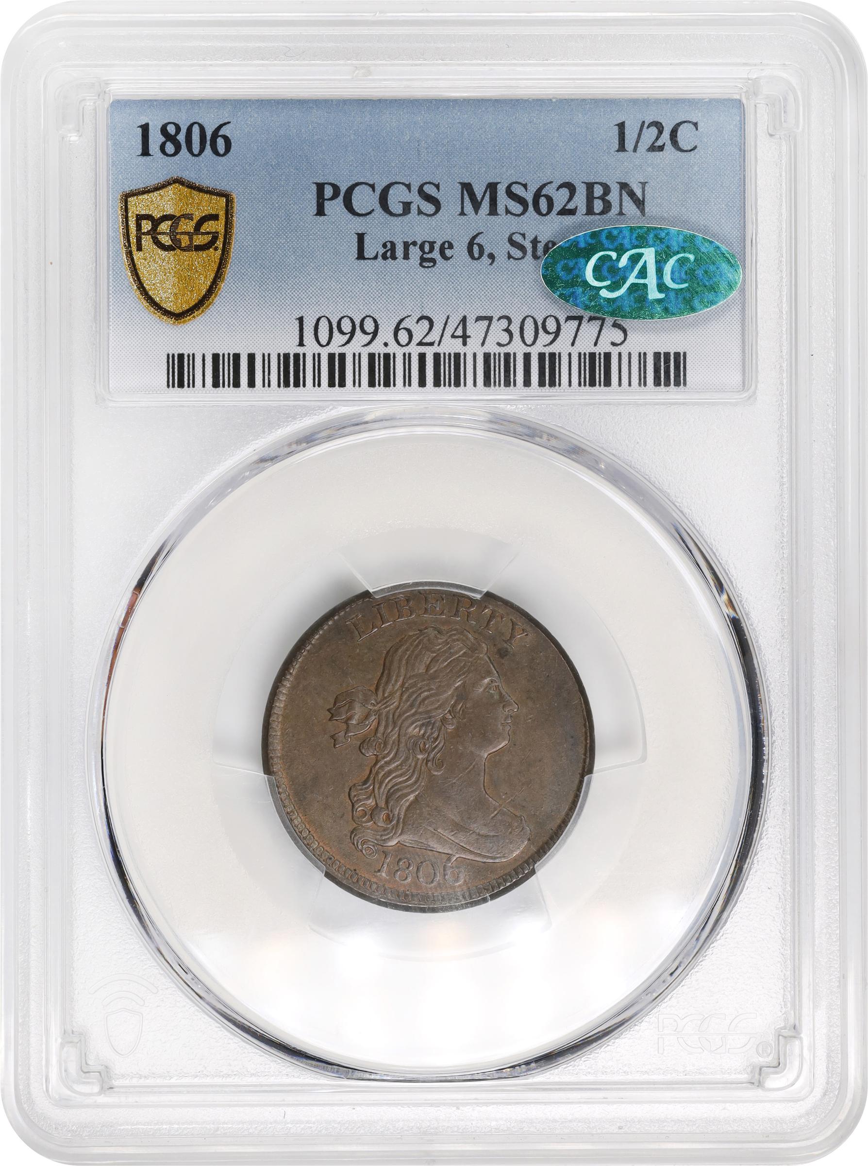 1806 1/2c Large 6, Stems MS BN MS62 BN CAC thumbnail 3