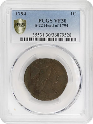 image for: 1794 Liberty Cap Cent. S-22, B-6. Rarity-1. Head of 1794, Bent Lock. VF-30 (PCGS).