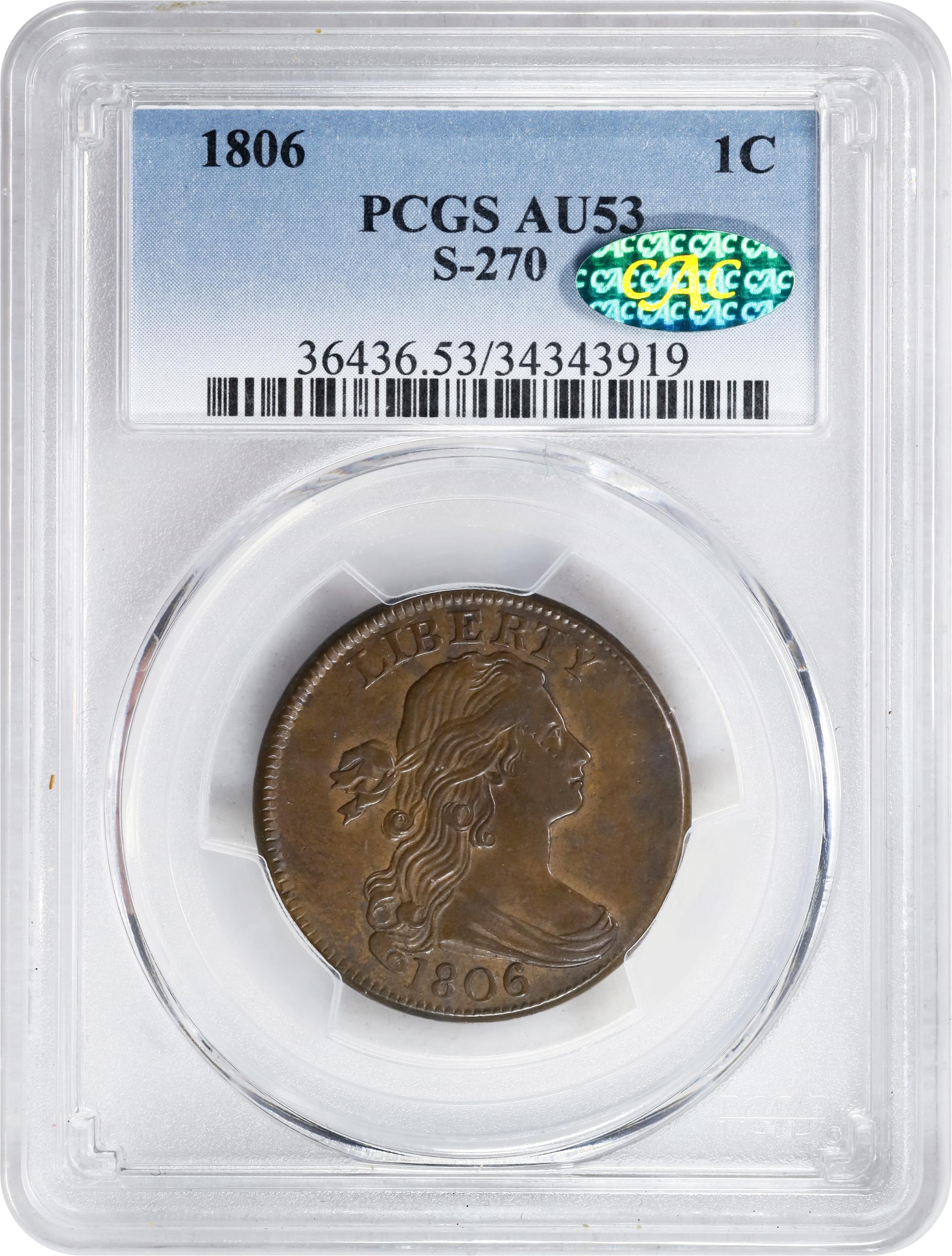 image for: 1806 Draped Bust Cent. S-270, B-1. Rarity-1. Double Struck. AU-53 (PCGS). CAC.