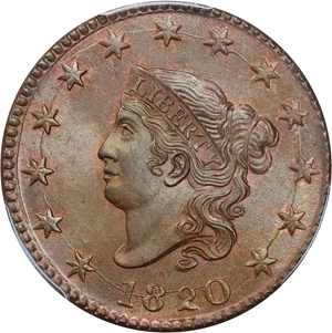 image for: 1820 Matron Head Cent. N-13. Rarity-1. Large Date. MS-65 RB (PCGS). CAC.