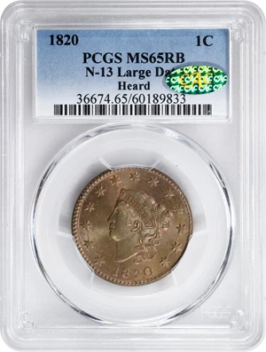 image for: 1820 Matron Head Cent. N-13. Rarity-1. Large Date. MS-65 RB (PCGS). CAC.