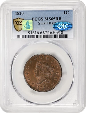 image for: 1820 Matron Head Cent. N-15. Rarity-2. Small Date. MS-65 RB (PCGS). CAC. CMQ.
