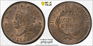 image for: 1820 Matron Head Cent. N-15. Rarity-2. Small Date. MS-65 RB (PCGS). CAC. CMQ.