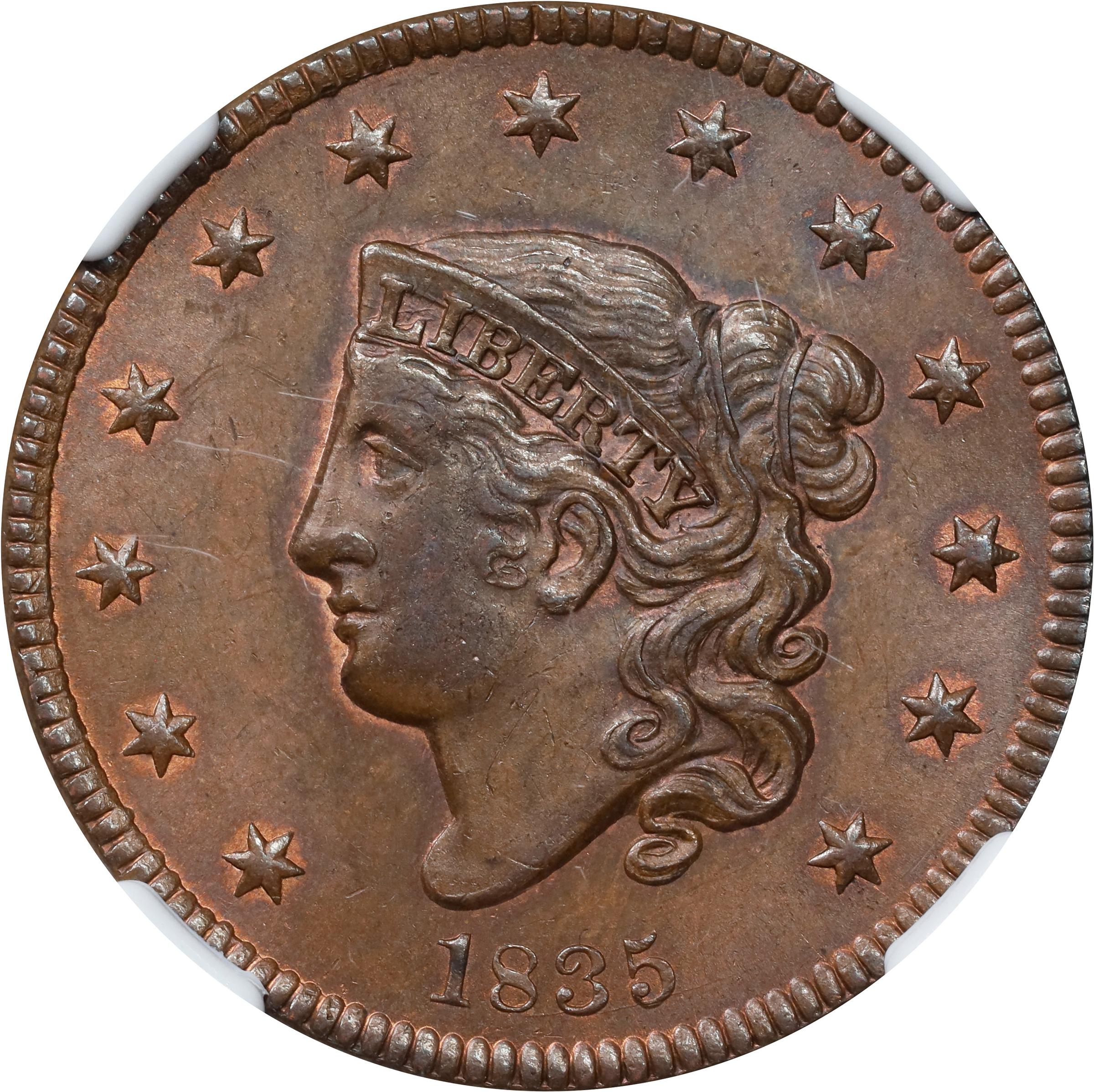 image for: 1835 Modified Matron Head Cent. N-6. Rarity-1. Small 8 and Stars. MS-65 BN (NGC).