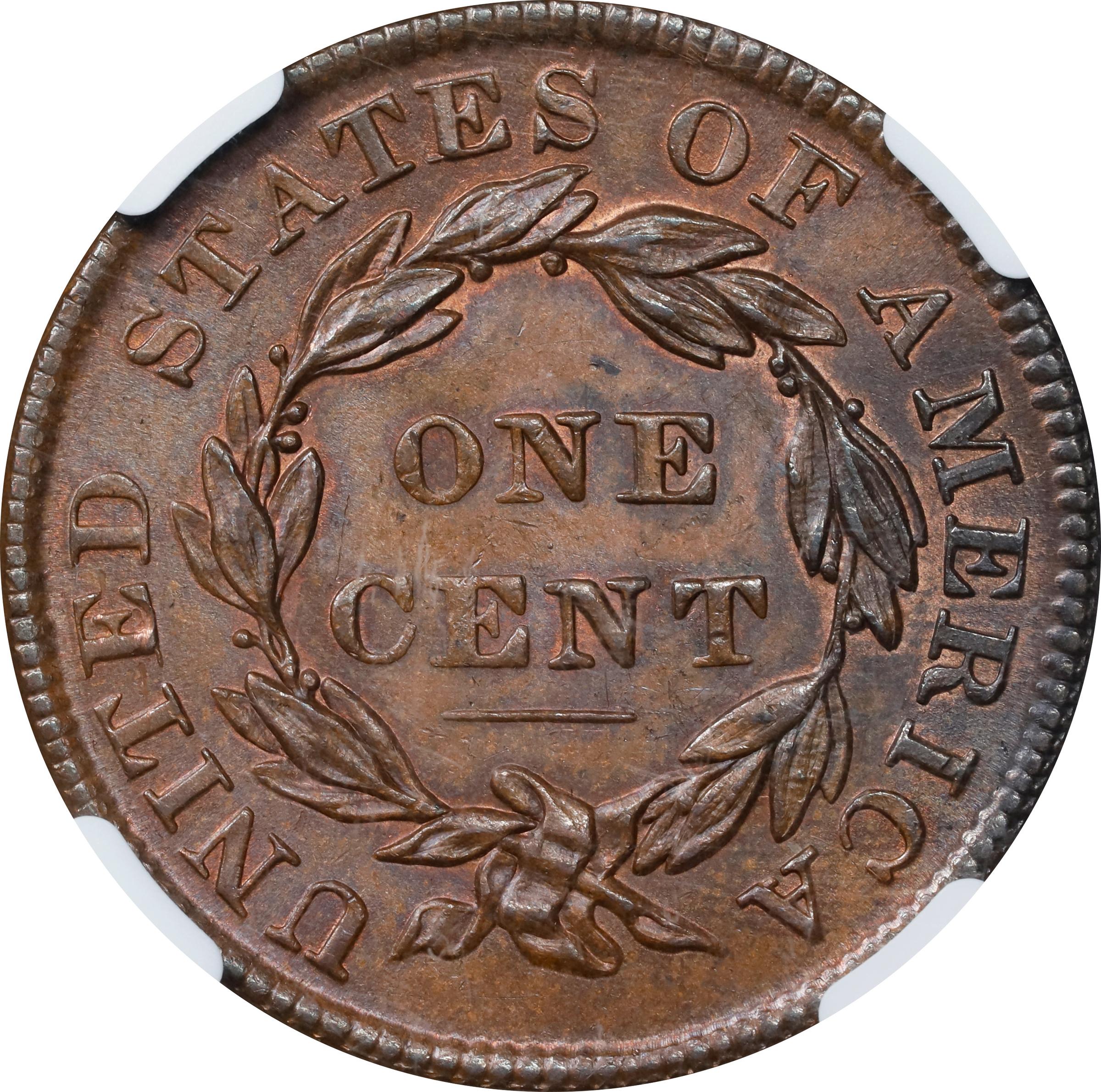 image for: 1835 Modified Matron Head Cent. N-6. Rarity-1. Small 8 and Stars. MS-65 BN (NGC).