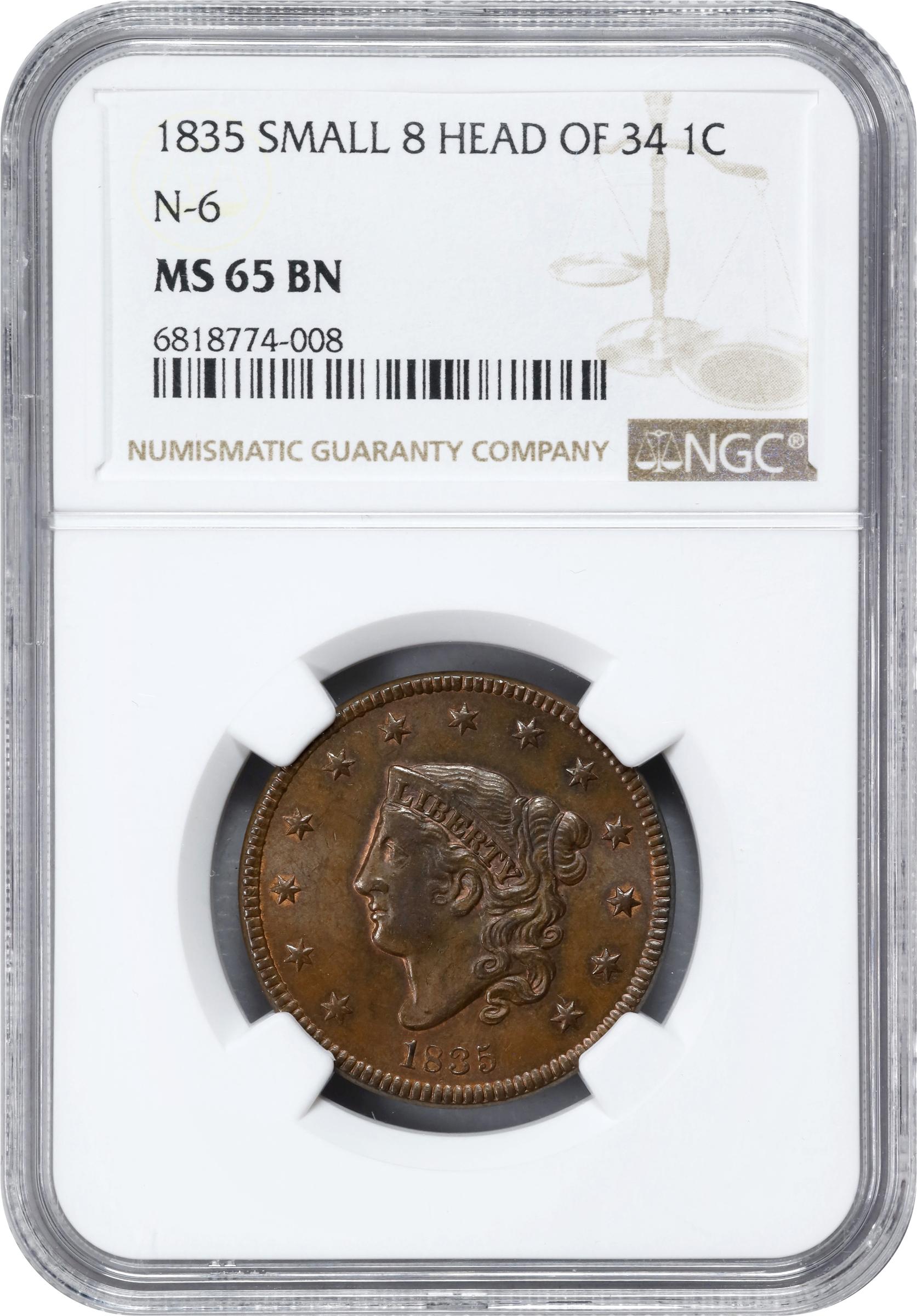 image for: 1835 Modified Matron Head Cent. N-6. Rarity-1. Small 8 and Stars. MS-65 BN (NGC).