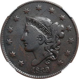 image for: 1839/6 Modified Matron Head Cent. N-1. Rarity-3. Plain Cords. VF-20 BN (NGC).