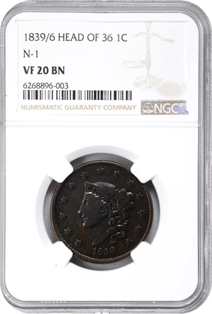 image for: 1839/6 Modified Matron Head Cent. N-1. Rarity-3. Plain Cords. VF-20 BN (NGC).