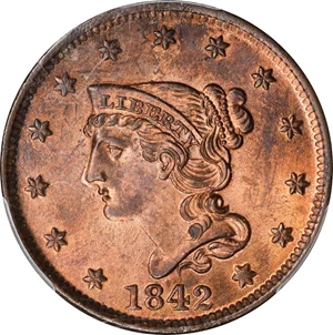 image for: 1842 Braided Hair Cent. N-6, 10. Rarity-1. Large Date. MS-64+ RB (PCGS).